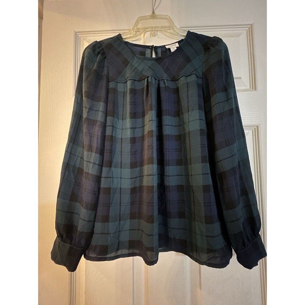 J.CREW Women’s XS Blue/Green Plaid Long Sleeve Blouse Preppy Office Holiday Top
